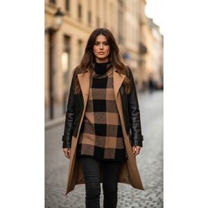 Tahari Camel Black Buffalo Check Wool Blend Turtleneck Tunic L